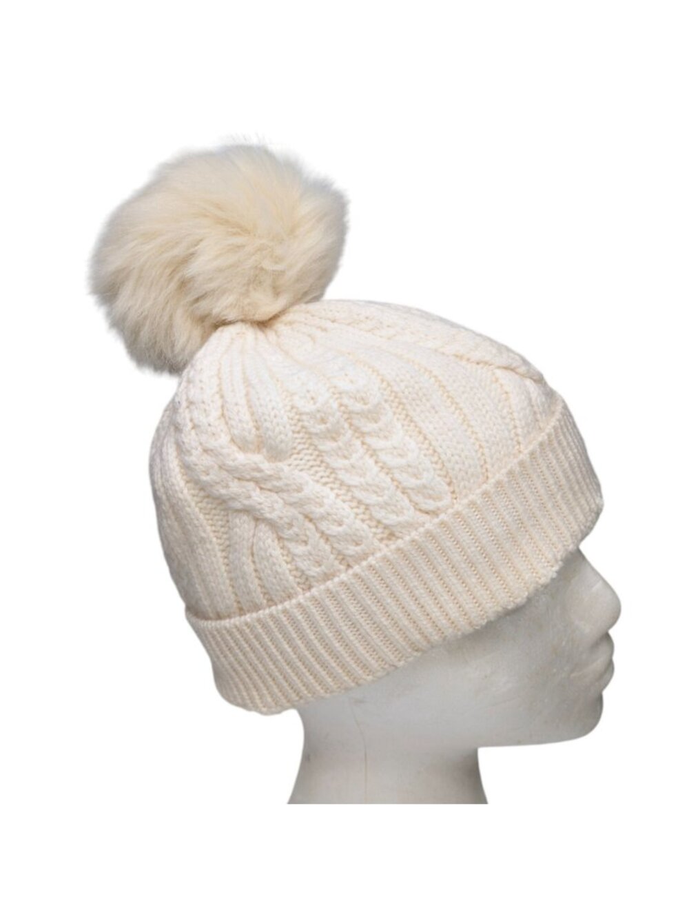 Club Monaco Wool Beanie Womens Cream Faux Fur Pom Cable Knit One Size